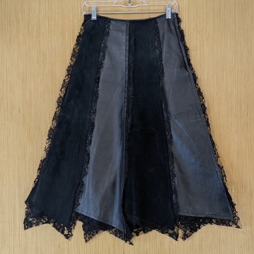 Style J Black Leather Suede Lace Midi Skirt Asymmetrical Gothic Womens 26